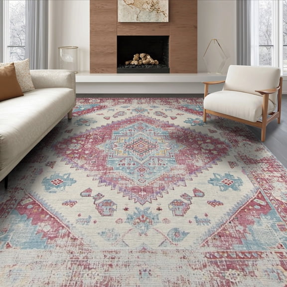 ODIKA Boho Distressed Vintage Southwestern Scroll Ornate Border for Living Room, Under Sectional, Family , Non-Slip Flatwoven