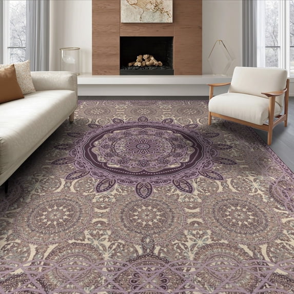 ODIKA Boho Geometric Border Abstract Swirl Ombre Gradient Bordered Purple Flowing Foldable Easy Care for King Size Bedroom, Master Suite, Under Bed