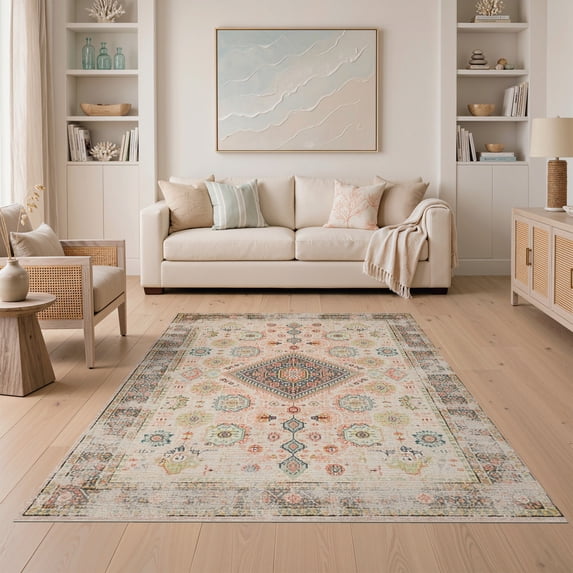 ODIKA Boho Hallway Distressed Retro Farmhouse Symmetry Rosettes Hallways Non-Slip Low Profile for Guest Room, Lounge, Apartment