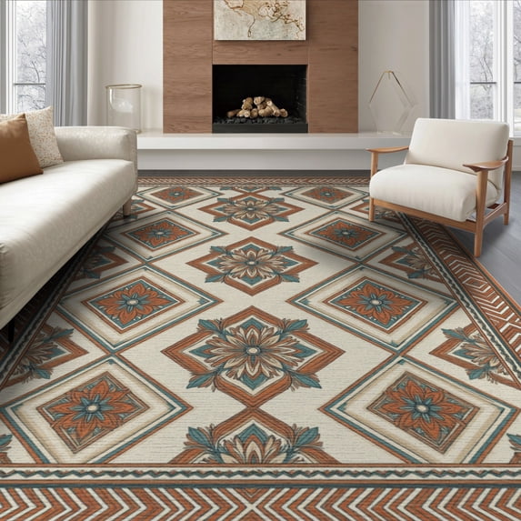 ODIKA 6'x9' Washable Area Rug Non-Slip, Chair-Friendly, Boho Hallway Traditional Border Featuring Symmetrical Flower for Dining Room, Under Table, Office Décor