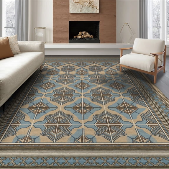 ODIKA 6'x9' Washable Area Rug Boho Interlocking Motifs Neutral Juniper Farmhouse Geometric Refined Structured for Family Room, Living Room, Master Bedroom, Non-Slip, Easy Care