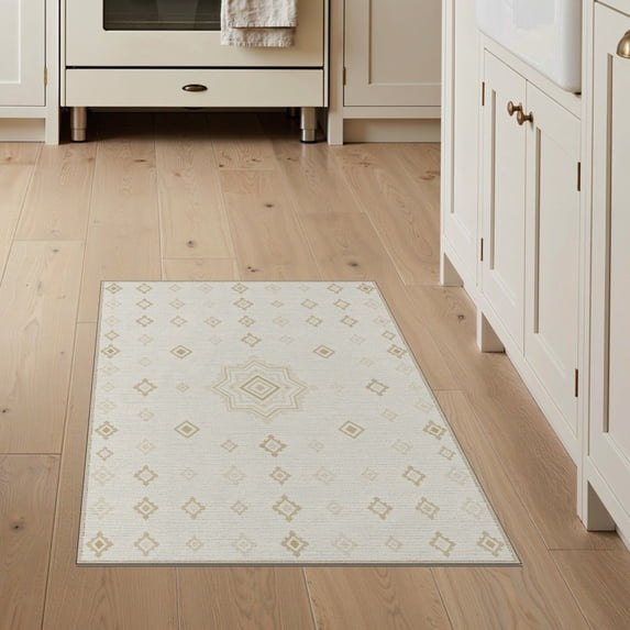 ODIKA Boho Minimalist Diamonds Rectangular Neutral Ivory Beige Flowing Dynamic for Entryway, Kitchen, Mudroom, Stain Resistant Flatwoven