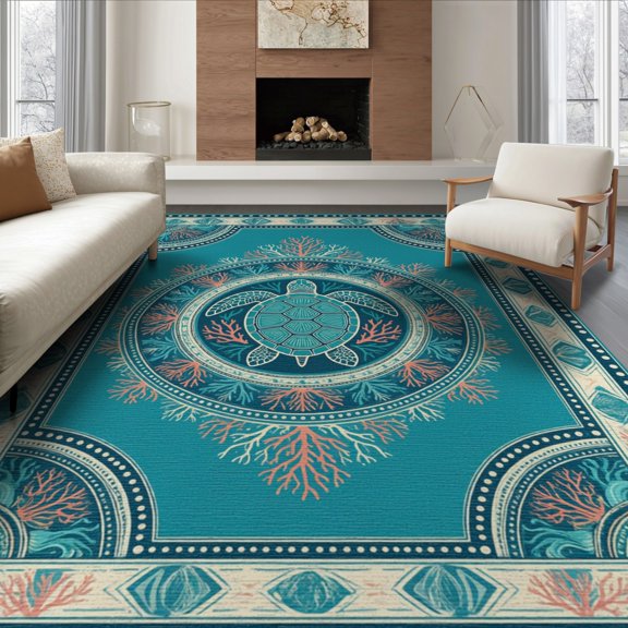 ODIKA Boho Ocean Stained Entryway Teal Beachy Cherry Nautical Turtle Refined Foldable Easy Care for King Size Bedroom, Master Suite, Under Bed