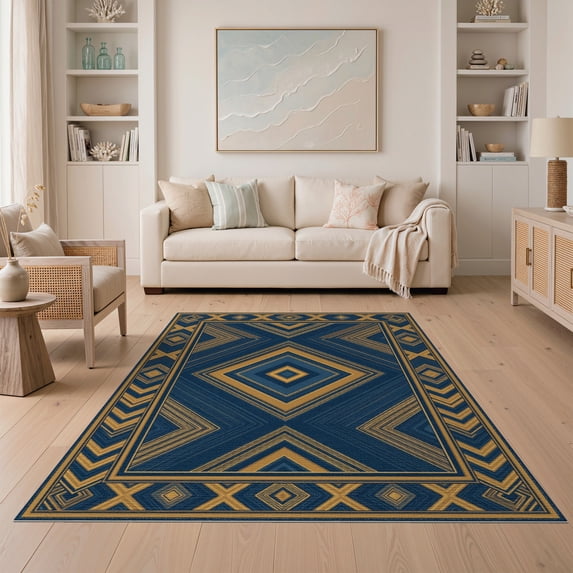 ODIKA Bold Border Interlocking Zigzag Stripes Herringbone Southwestern Refined Non-Slip Low Profile for Guest Room, Lounge, Apartment