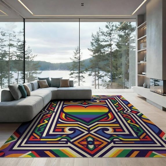 ODIKA Bold Border Motif Lgbt Welcome Interlocking Doormat Striped Door Playful Foldable Easy Care for Master Suite, California King, Under Bed