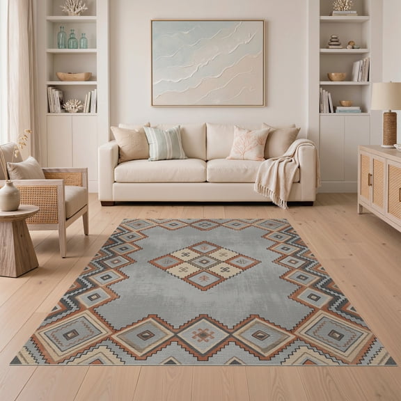 ODIKA Border Aztec Distressed Motifs Geometric Watercolor Boho Interlocking Playful Non-Slip Low Profile for Guest Room, Lounge, Apartment