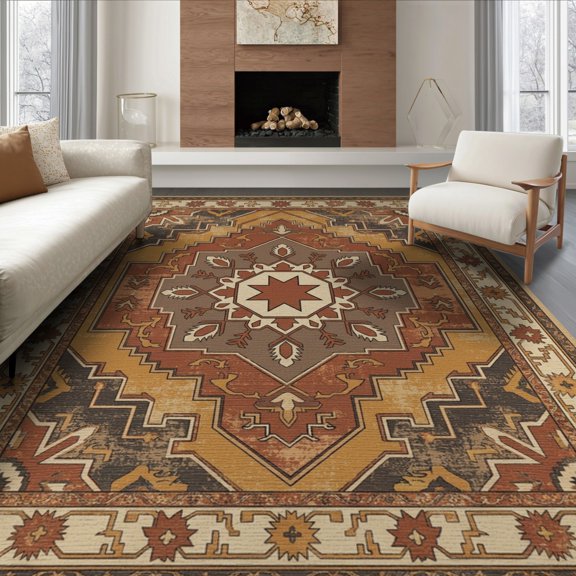 ODIKA Border Cowboy Motif Aztec Scrollwork Vintage Distressed Southwestern Playful Non-Slip Flatwoven for Living Room, Under Sectional, Family