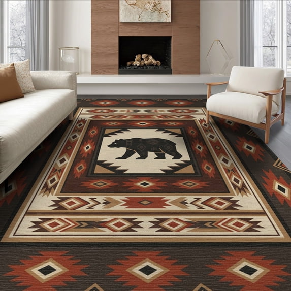 ODIKA 8'x10' Washable Area Rug Border Mens Decorations Reindeer Lone Cabin Southwestern Cowboy Playful for Dining Room, Large Office, Lounge, Non-Slip Chair-Friendly Mat