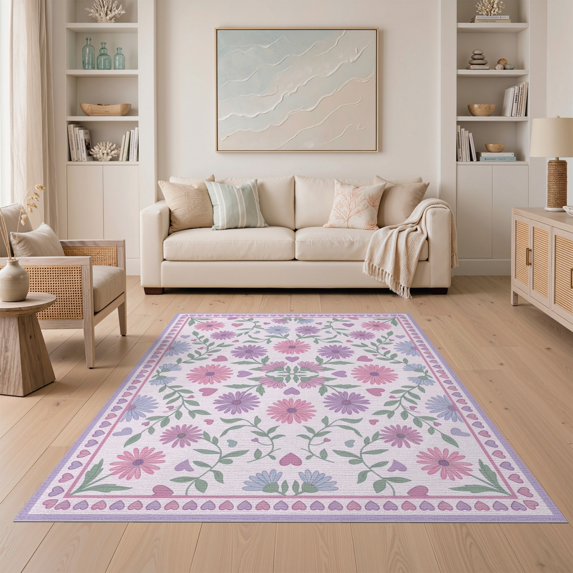 ODIKA Border Ombre Gradient Watercolor Motifs Confetti Large Blossoms Pink Playful Non-Slip Chair-Friendly for Dining Room, Under Table, Home Office