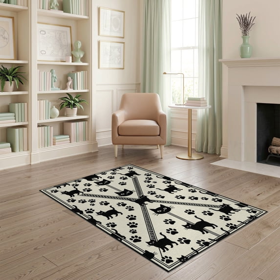 ODIKA Bordered Feline Motif Symmetrical Track Whimsical Round Print Refined Structured for Home Office, Gaming Room, Under Desk, Non-Slip Chair-Friendly
