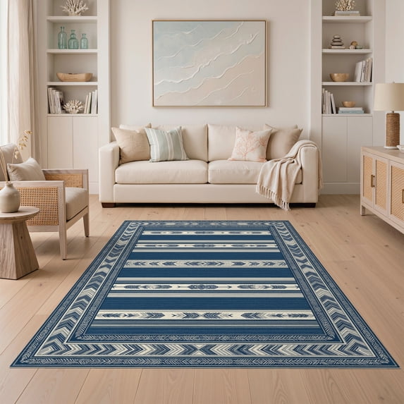 ODIKA Bordered Geometric Motifs Southwestern Bands Farmhouse Boho Striped Refined for Guest Room, Lounge, Apartment, Non-Slip Low Profile
