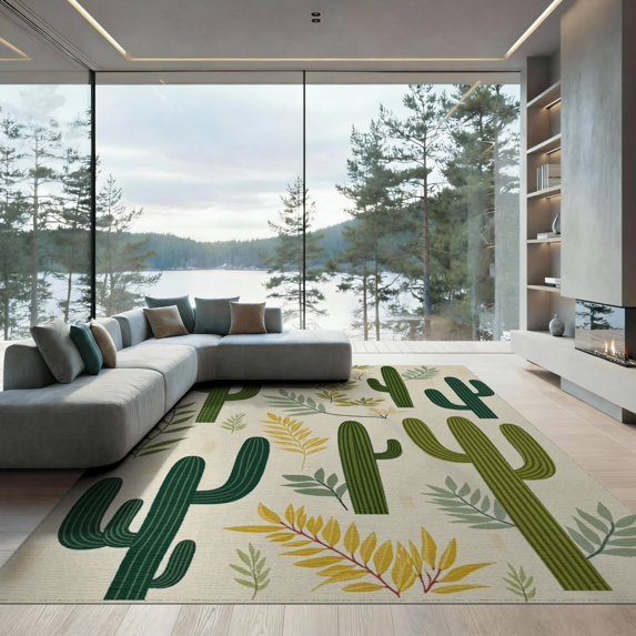 ODIKA Botanical Abstract Contemporary Grid Forest Sunset Monstera Round Low Profile Flatwoven for Great Room, Indoor Open Concept, Large Living