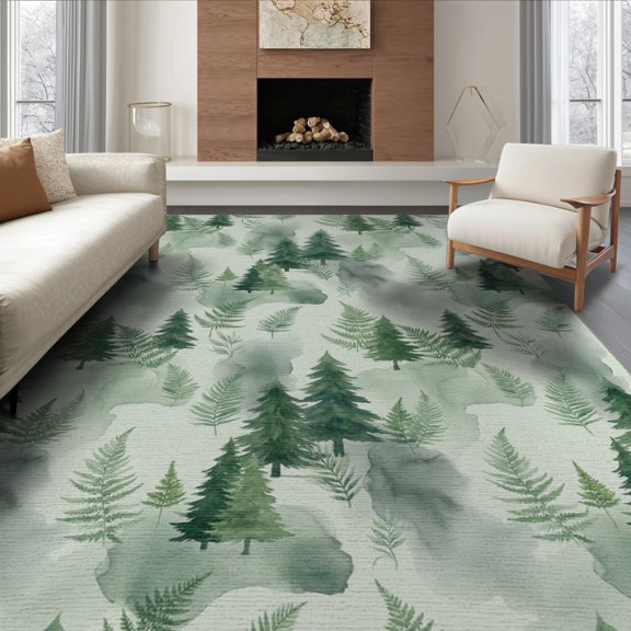 ODIKA Botanical Hardwood Long Hallway Skid Farmhouse Watercolor Forest Playful Non-Slip Flatwoven for Living Room, Under Sectional, Family