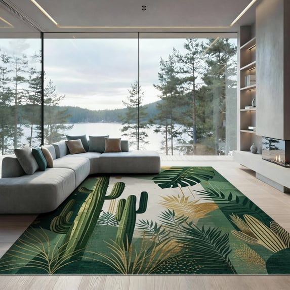 ODIKA 9'x12' Washable Area Rug Low Pile, Flatwoven, Botanical Monstera Abstract Contemporary Round Forest Sunset for Great Room, Indoor Concept, Large Living