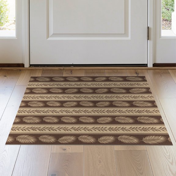 ODIKA Botanical Stripe Border Rectangular Fronds Beige Frond Cream Playful Expressive Stain Resistant Thin Throw for Entryway, Kitchen, Laundry Room