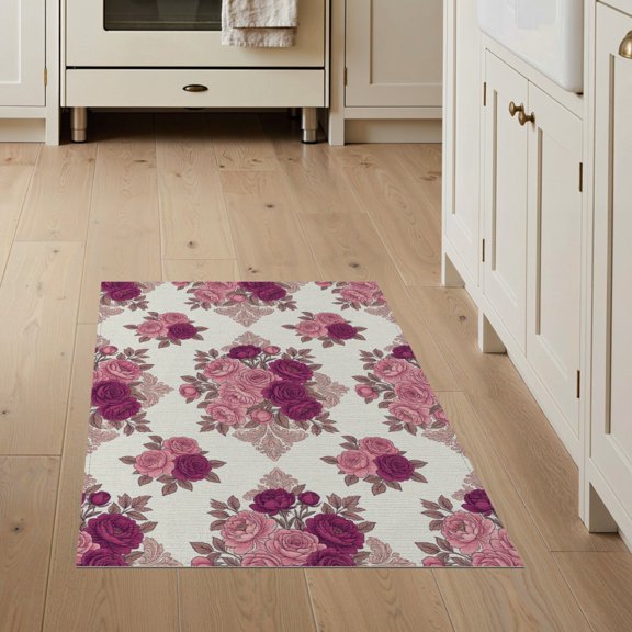 ODIKA Bouquet Ornate Damask Border Botanical Trailing Pink Vintage Refined Structured for Entryway, Kitchen, Mudroom, Stain Resistant Flatwoven
