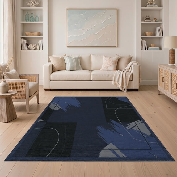 ODIKA Brushstroke Minimalist Open Field Pile Interlocking Navy Large Abstract Playful Non-Slip Low Profile for Guest Room, Lounge, Apartment