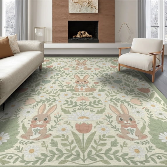 ODIKA Bunny Whimsical Forest Print Folk Border Doormat Bedside Ripple Flowing Dynamic Non-Slip Flatwoven for Living Room, Under Sectional, Family