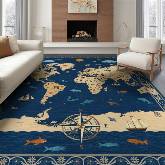 ODIKA Cartographic Adventure Map Featuring Sea Creatures And Compass Design Foldable Easy Care for King Size Bedroom, Master Suite, Under Bed
