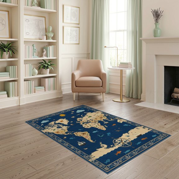 ODIKA Cartographic Adventure Map Featuring Sea Creatures And Compass Design for Playroom, Bedroom, Reading Nook, Pet Friendly & Kids Safe Play