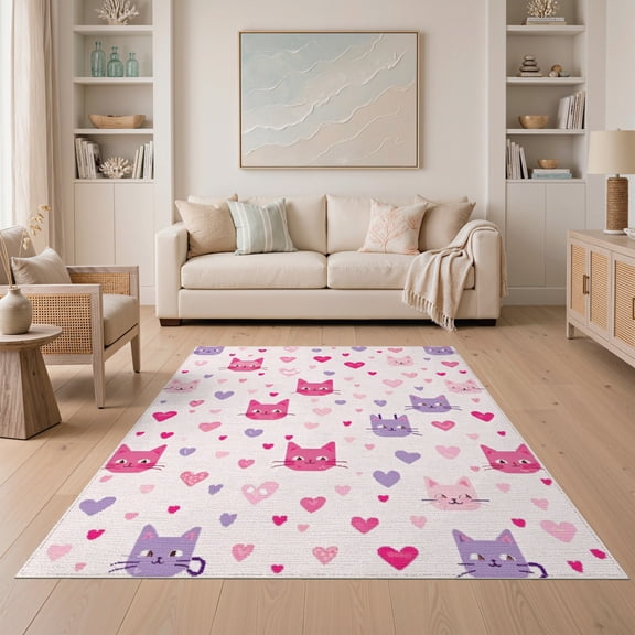 ODIKA Cartoon Cat Kitten Motif With Pixel Heart Grid And Symmetrical Bow Accents for Dining Room, Under Table, Home Office, Non-Slip Chair-Friendly