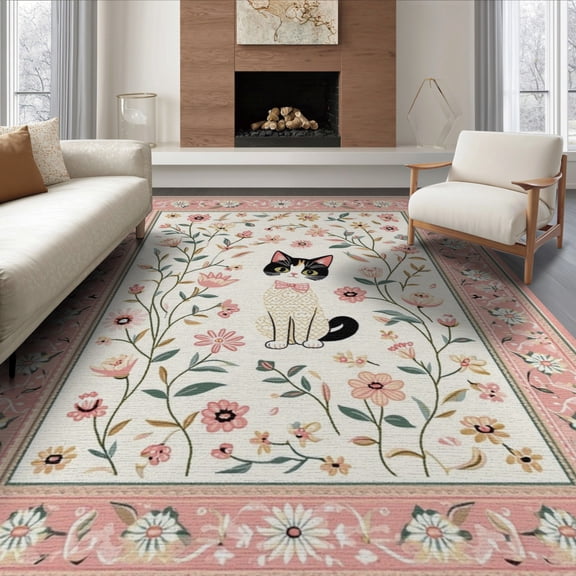 ODIKA Cat Boho Floral Design With Cartoon Animal Motif And Scallop Border for King Size Bedroom, Master Suite, Under Bed, Foldable Easy Care