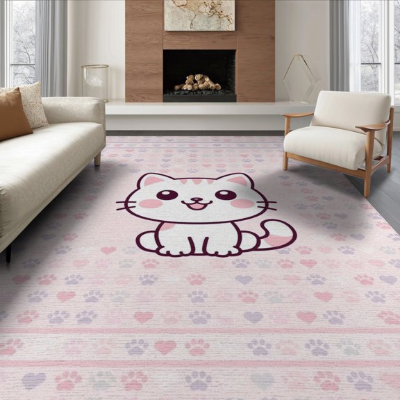 ODIKA Cat Cartoon Kitten Portrait With Pixel Paw And Heart Trim Kawaii Flowing Dynamic for King Size Bedroom, Master Suite, Under Bed, Foldable Easy Care