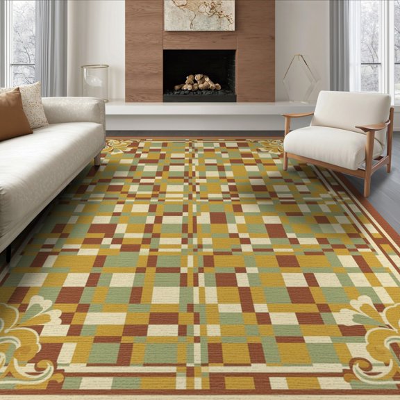 ODIKA Checkered Boho Retro Funky Border Maximalist Plush Whimsical Flowing Dynamic for Dining Room, Large Office, Lounge, Non-Slip Chair-Friendly