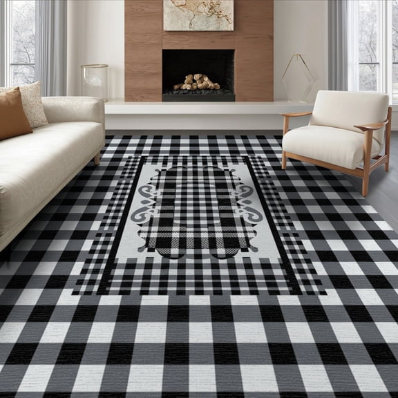 ODIKA Checkered Welcome Motif Doormat Layering Plaid Gingham Under Playful Expressive Non-Slip Chair-Friendly for Dining Room, Large Office, Lounge