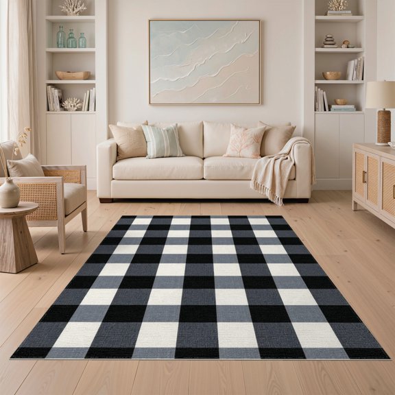 ODIKA Checkered With Bold Interlocking Squares Contemporary Design Non-Slip Chair-Friendly for Dining Room, Under Table, Home Office