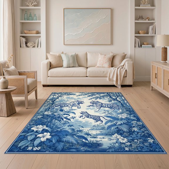ODIKA Chinoiserie Toile Vintage Jungle Border Tiger Delft European Easy Care Kids Safe for Small Living Room, Playroom, Bedroom