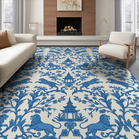 ODIKA Chinoiserie Toile Wildlife Refined Tone Repeating European Tiger for King Size Bedroom, Master Suite, Under Bed, Foldable Easy Care