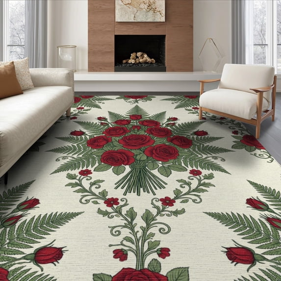 ODIKA Circle Border Symmetrical Flower Arrangement Curling Roses Semi Non-Slip Chair-Friendly for Dining Room, Large Office, Lounge