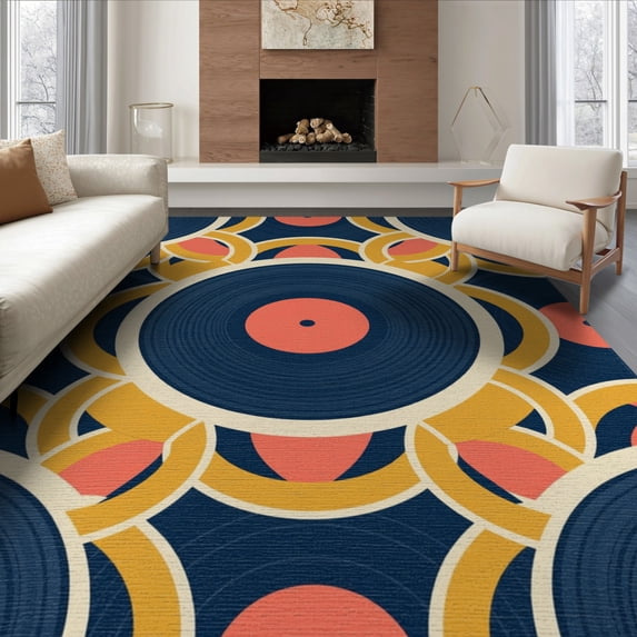 ODIKA Circular Music Symbol Floor Covering Interlocking Shapes Modern Art Foldable Easy Care for King Size Bedroom, Master Suite, Under Bed