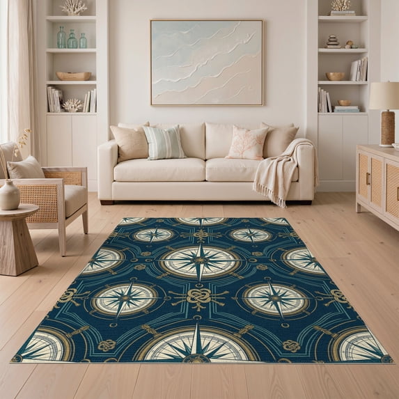 ODIKA Classic Maritime Navigation Star Compass Vintage Seafaring Motif Non-Slip Low Profile for Guest Room, Lounge, Apartment