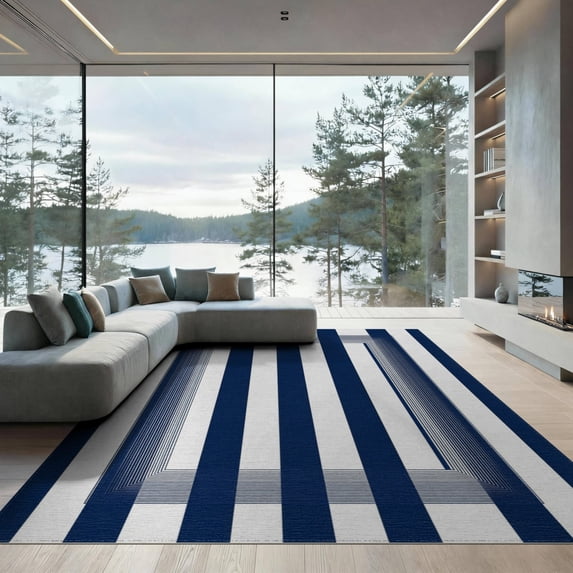 ODIKA 9'x12' Washable Area Rug Classic Parallel Line Border Balanced Banded Geometric Striped for Great Room, Indoor Concept, Large Living Room, Low Pile, Flatwoven