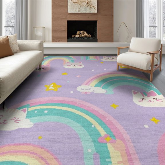 ODIKA Classroom Kawaii Mermaid Pastel Purple Video Stars Scale Border Non-Slip Flatwoven for Living Room, Under Sectional, Family