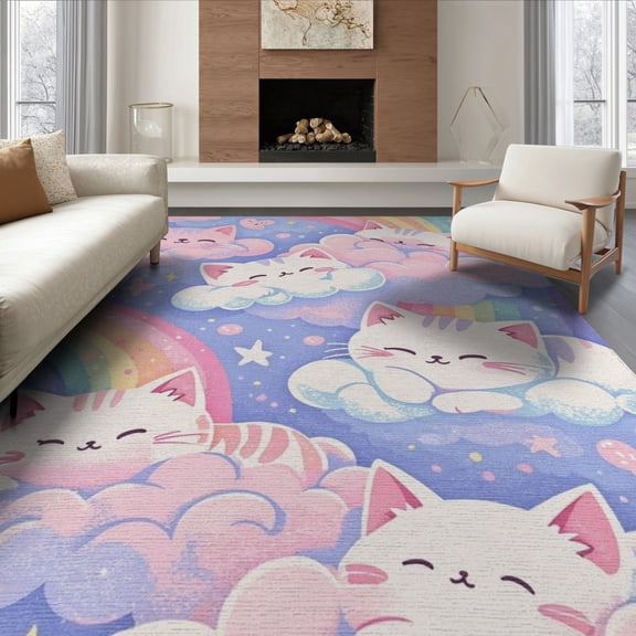 ODIKA Classroom Kawaii Mermaid Scale Purple Video Pastel Stars Border for Living Room, Under Sectional, Family , Non-Slip Flatwoven