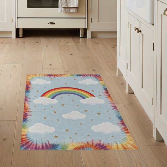 ODIKA Cloud Cartoon Sky With Tie Dye Sun Border And Scattered Stars Rainbow Flowing Stain Resistant Flatwoven for Entryway, Kitchen, Mudroom