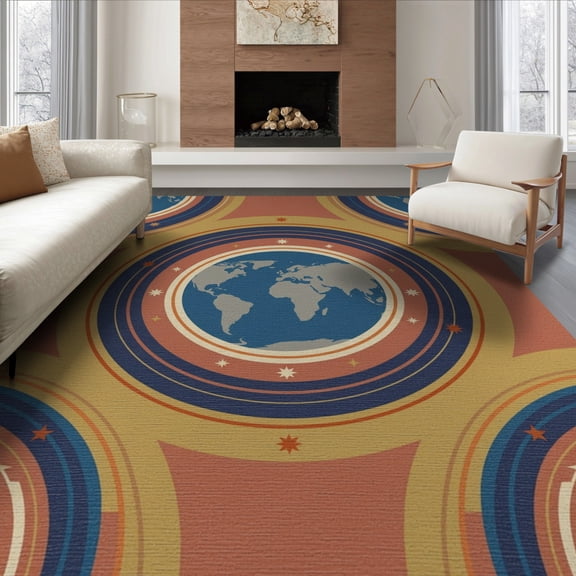 ODIKA Concentric Bands Stars Galaxy Circles Continents Round Planetary Map Playful Non-Slip Chair-Friendly for Dining Room, Large Office, Lounge