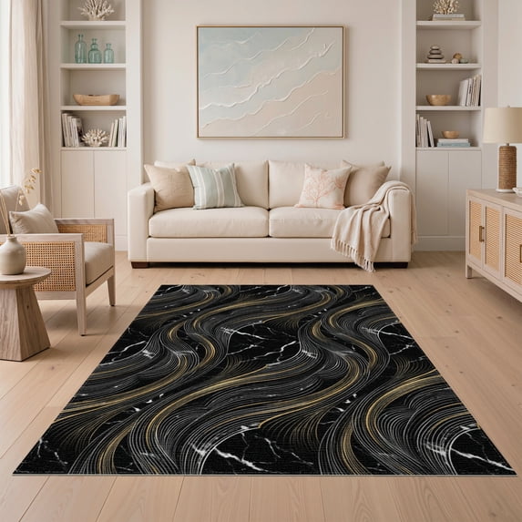 ODIKA 5'x7' Washable Area Rug Contrast Decorative Movement Crisp Artwork Smalltan for Small Living Room, Bedroom, Easy Care, Non-Shedding, Pet Friendly