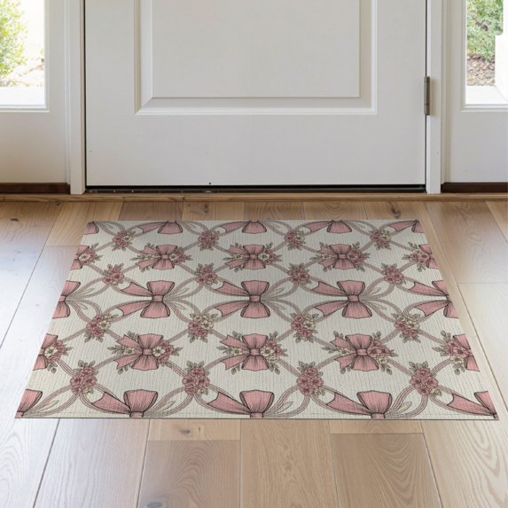 ODIKA Coquette Ribbon Motif Vintage Cluster Round Shaped Pink Refined Structured for Entryway, Kitchen, Laundry Room, Stain Resistant Thin Throw