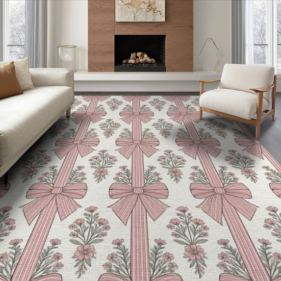 ODIKA Coquette Seamless Boho Ribbon Stripe Scattered Motif Pink Round Refined for Living Room, Under Sectional, Family , Non-Slip Flatwoven
