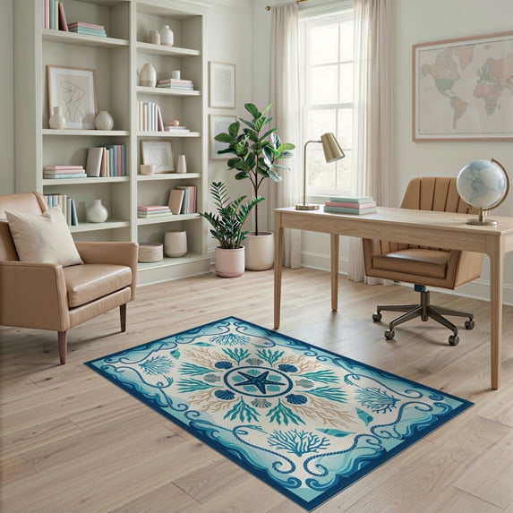 ODIKA Coral Reef Bathroom Nautical Wave Border Starfish Ocean Seashell Playful for Dorm Room, Small Living Apartment, Stain Resistant Low Profile