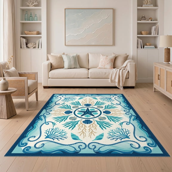 ODIKA Coral Reef Bathroom Nautical Wave Border Starfish Ocean Seashell Playful for Small Living Room, Playroom, Bedroom, Easy Care Kids Safe