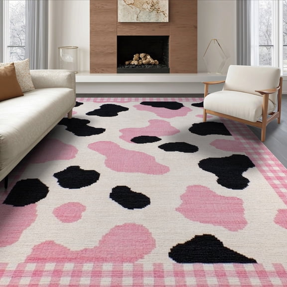 ODIKA Cow Spotted Print Interlocking Checkerboard Frame Farm Scattered for Living Room, Under Sectional, Family , Non-Slip Flatwoven