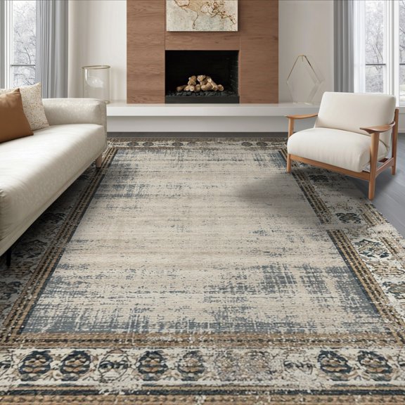 ODIKA Cowhide Patchwork Stripes With Farmhouse Distressed Spotted Border Non-Slip Flatwoven for Living Room, Under Sectional, Family
