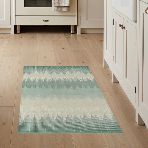 ODIKA 3'x5' Washable Area Rug Non-Slip, Flatweave, Easy Care Cream Gradient Ombre Herringbone Faded Zigzag Stripes Border for Hallway, Laundry Room