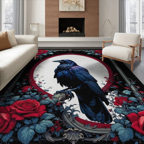 ODIKA Crow Gothic Raven Portrait Frame Mystical Roses Border Skull Non-Slip Chair-Friendly Floor for Dining Room, Under Table, Office