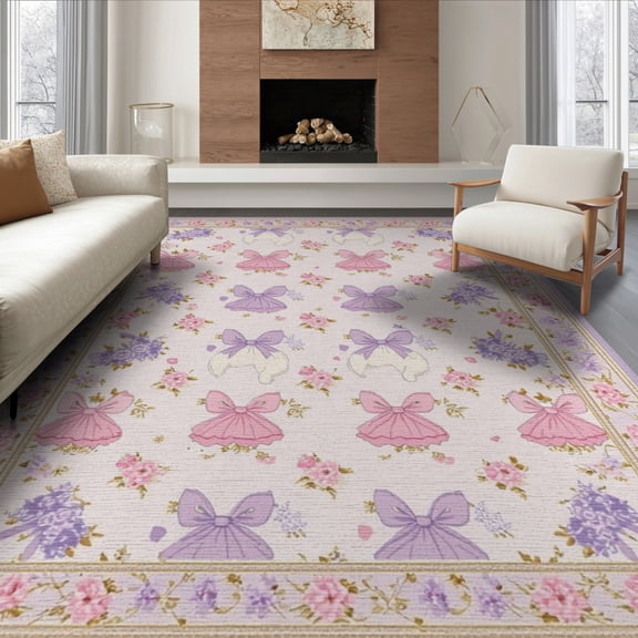 ODIKA Cute Whimsical Fish Ballerina Round Border Pink Circle Circular for Living Room, Under Sectional, Family , Non-Slip Flatwoven
